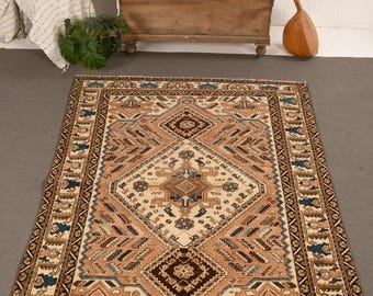 Turkish Vintage Rug, Beige Earth Tone Minimalist Area Carpet