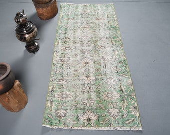 Turkish Rug, Accent Carpet, Vintage Rug, Antique Carpet, 31x73 inches Green Rug, Bohemian Bedroom Carpet, Handmade Area Carpet,  9560