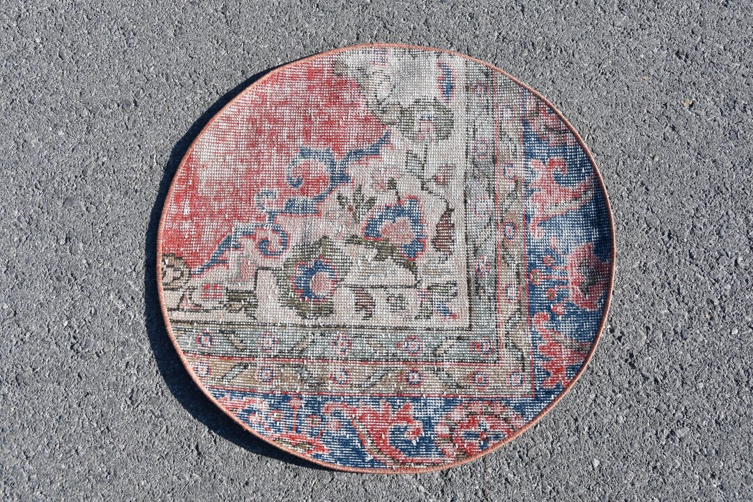 Turkish Rug, Round Rug, 2x2 Feet, Vintage Look, Circle Rug, Small Rug ...