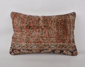 Ethnical Kilim Rug Pillow, Turkish Pillow, 16x24 Kilim Pillow, Handmade Kilim Cushion, Brown Cushion, Rectangular Pillow, Patchwork Pillow,