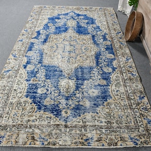 Turkish Rug, 5x8 Large Rugs, Vintage Rug, Oushak Rug, Rugs For Living Room, 5x8.2 ft Blue Rug, Antique Anatolian Wool Rug, Large Oushak Rug,