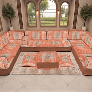Coral Vintage Kilim Floor Sofa Set, Traditional Medallion Pattern Seating, Handmade Modular Corner Couch, Bohemian Living Room Furniture