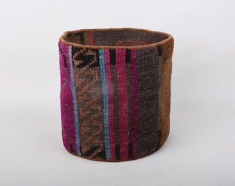 Woven Textile Basket for Plants, Vintage Rug Flower Pot in Magenta & Brown – Upcycled Old Carpet Planter, 9.4"x9.8" Colorful Boho Decor