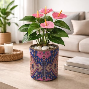 May include: Anthurium plant in a patterned pot. The plant has pink flowers and green leaves. The cylindrical pot features a blue, pink, and brown design. White stones are on the soil. The pot is on a wooden table.