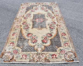 Turks vintage vloerkleed, 5,5 x 9,2 ft groot, roodgrijs oosters wollen vloerkleed