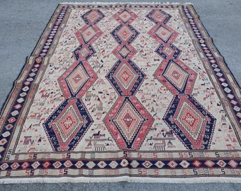 Turkish Kilim, Sumac Kilim, 6.8x8.9 feet, Handmade Kilim, Large Kilim, Salon Kilim, Organic Kilim, Vintage Kilim, Oriental Kilim, SN- 6247