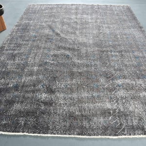 Vintage Turkish Area Rug, Unique Gray Pattern with Blue Accents, 7x10ft, Elegant Home Decor, Handcrafted Floor Covering