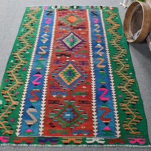 Kilim akcentowy, Kilim turecki, Kilim geometryczny vintage, Kilim anatolijski, Dywany do sypialni, 3,7x5,5 stopy zielony kilim, Kolorowy dywan Oushak,