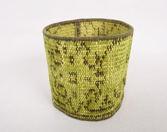 Woven Textile Basket - Handmade Green Rug Flower Pot | Upcycled Carpet Basket 6.3"x6.7" Rustic Boho Home Decor Plant Holder Vintage Style -