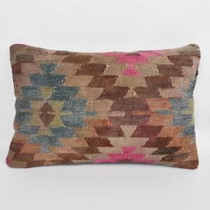 Vintage Pillow, Home Decor Pillow, 16x24 Kilim Pillow Cover, Boho Pillow, Pink Cushion, Tribal Lumbar  Pillow, Ethnic Aztec Print Pillow,
