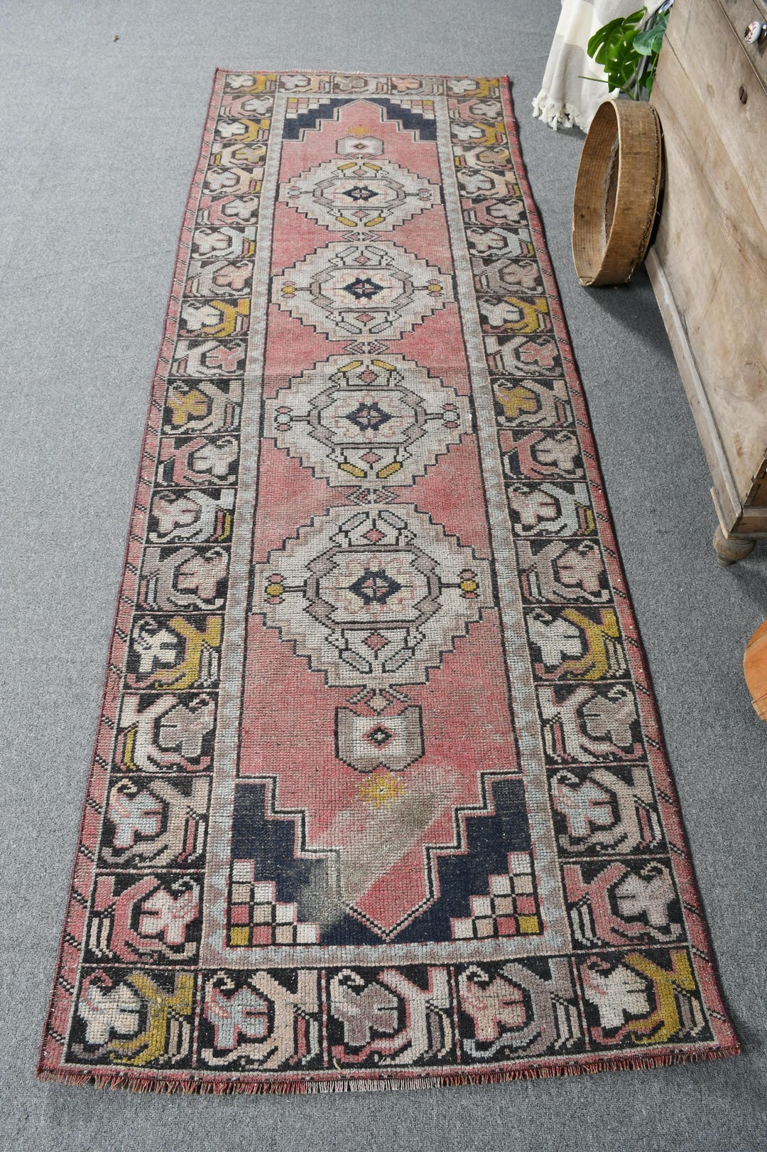 トルコラグ、3x9ランナーラグ、ヴィンテージラグ、装飾ウシャクラグ