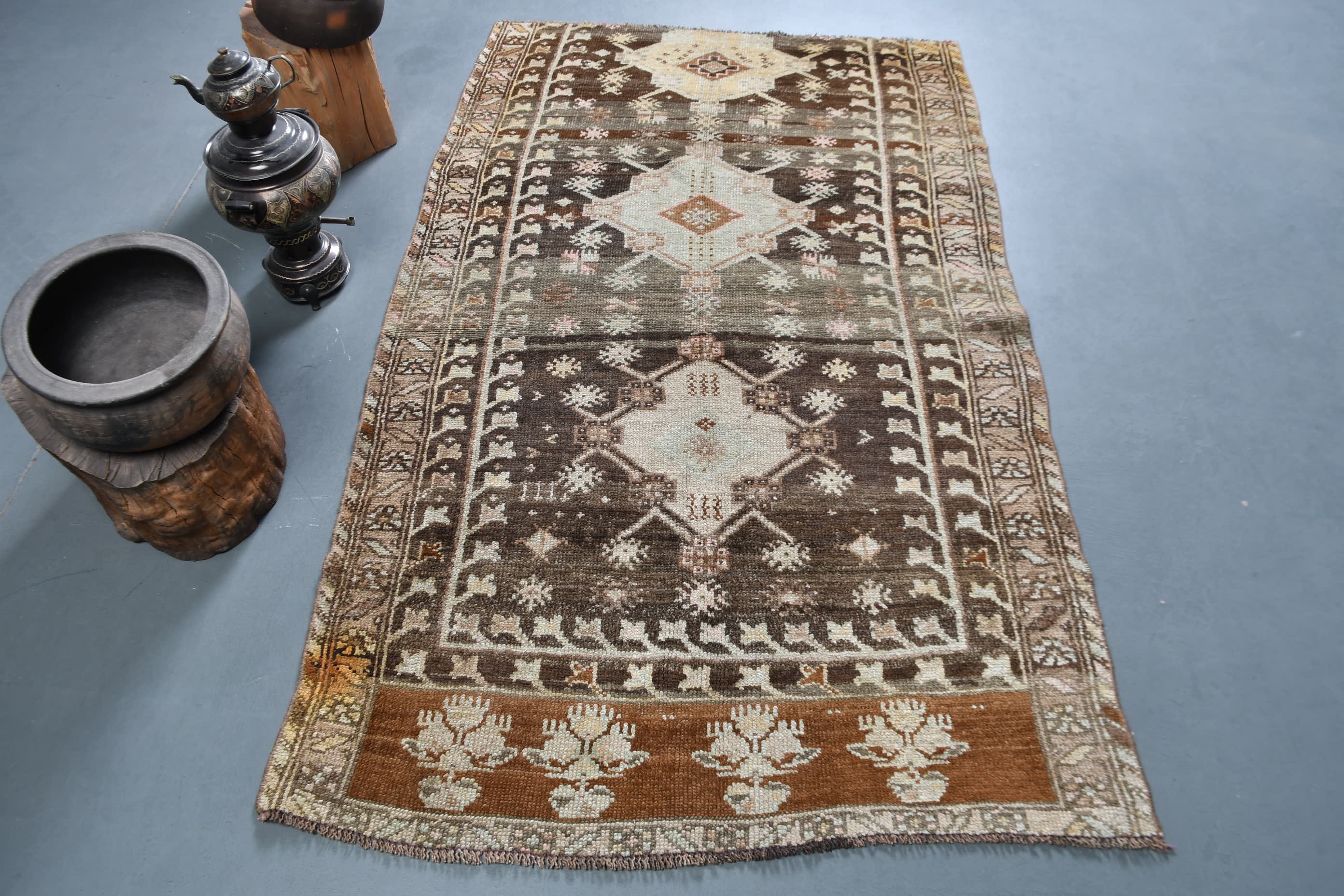 Tapis Turc, Tapis Vintage, d'accent, Antique, Brun 45x74 Pouces, d'entrée en Laine, de Chambre Faits