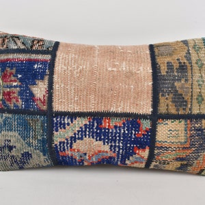 Gift Pillow, Pillow for Sofa, 12x20 Vintage Pillow, Vintage Kilim Throw Pillow, Blue Cushion Case, Patchwork Pillow, Hand Knotted Pillow,