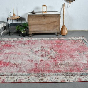 Vintage Rug, Turkish Rug, Large Rug, Faded Oushak Rug, Rugs For Dining Room, 6.1x9.5 ft Red Rug, Anatolian Rugs, Gift For Him,  12861