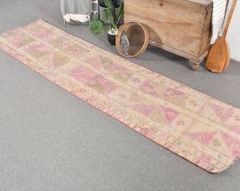 Vintage Runner Rug, 2.7x10.3 ft Turkish Rug, Pink Herki Wool Rug