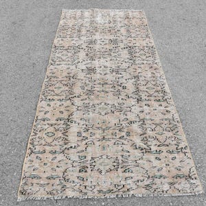 Vintage Turkish Rug, 3x8ft Area Carpet, Intricate Pattern, Subtle Beige and Blue Tones, Unique Oriental Style