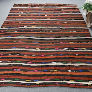 Vintage Kilim, Patterned Oversize Kilim, Turkish Kilim, Oushak Kilim, Rugs For Dining Room, 7.5x9.8 ft Brown Kilim, Striped Anatolian Kilim