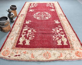 Alfombra vintage de 1,90 x 3,70 m, alfombra turca de lana roja y blanca estilo suroeste.