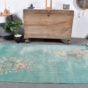 Turkish Rug, Vintage Rug, Accent Rug, Antique Rugs, Rugs For Living Room, 3.7x6.3 ft Green Rug, Floral Oushak Rug, Vintage Accent Rug, 12397