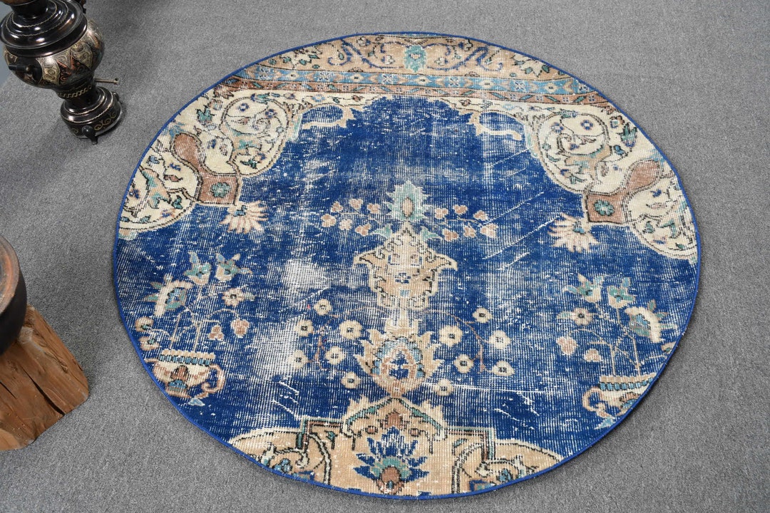 Round Rug, Vintage Rug, Accent Carpet, Turkish Rug, Oushak Carpet, 52x52 Inches Blue Rug