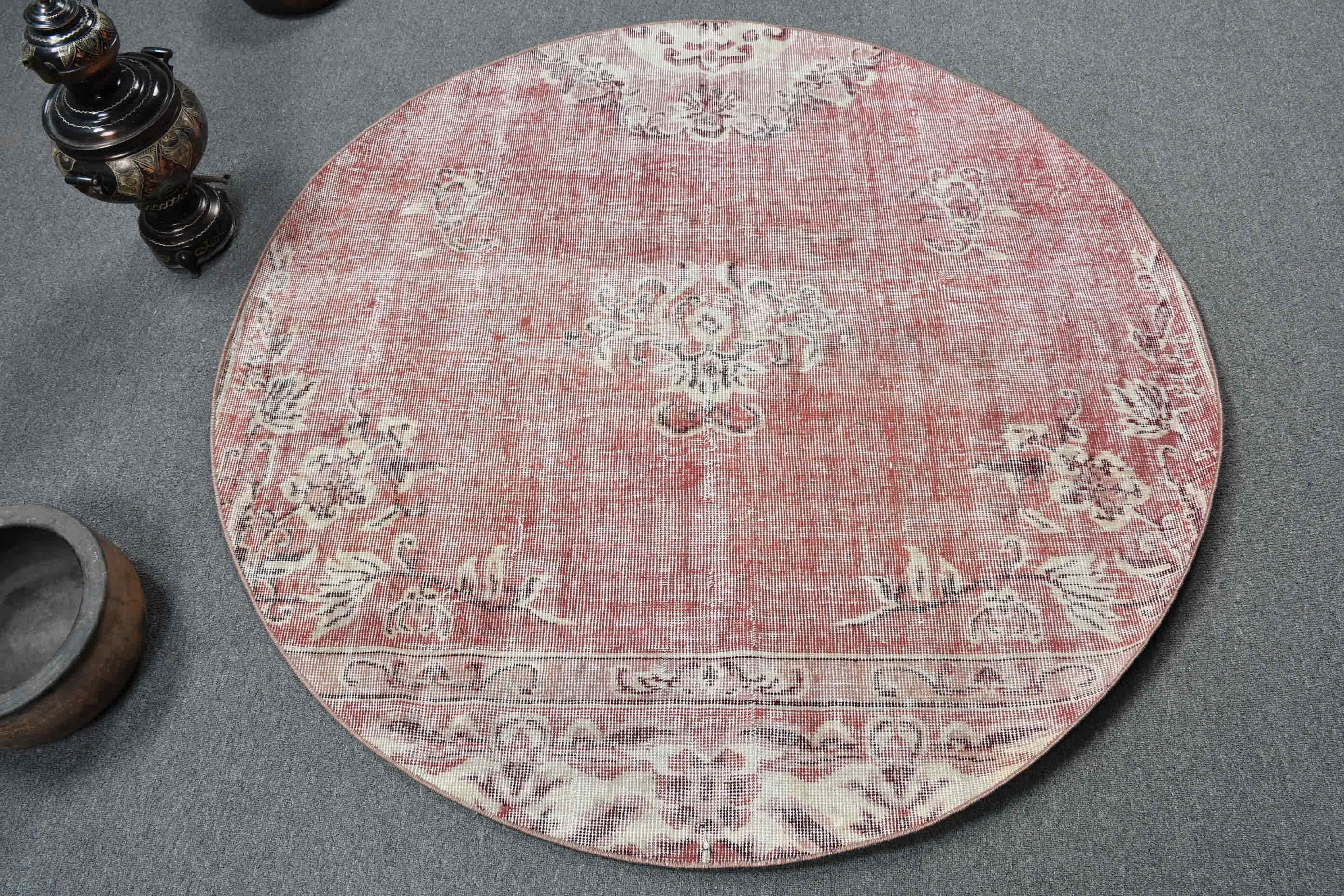 Turkish Rug, Round Rug, Vintage Red Rug, Floral Design, Handwoven