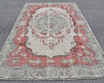 Alfombra turca vintage, alfombra grande de 1,90 x 2,90 m, alfombra de lana roja y gris estilo suroeste.