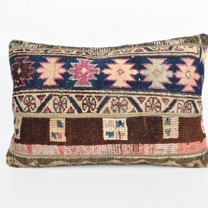Boho Pillow, Kilim Cushion Sham, 16x24 Vintage Kilim Pillow, Turkish Pillow, Brown Cushion Case, Rustic Lumbar  Pillow, Patchwork Pillow,