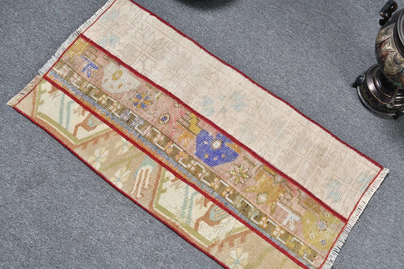 Turkish Vintage Rug 1.5x2.8 ft (45x86 cm), Brown Ikat Wool Rug image 4