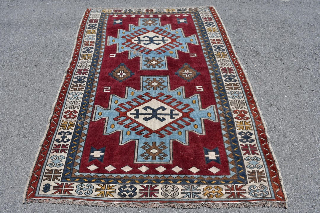 Vintage Turkish Area Rug, Geometric Design, Rich Red and Blue