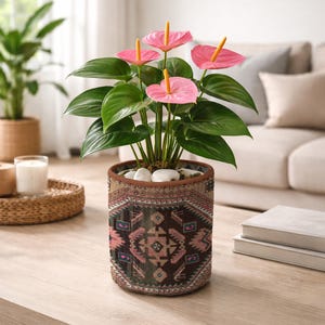 Op de afbeelding: Anthurium plant in een pot met roze bloemen en groene bladeren. De decoratieve pot heeft een patroon in bruin, roze en teal. Witte stenen bedekken de aarde. De pot is ongeveer 20 cm in diameter.