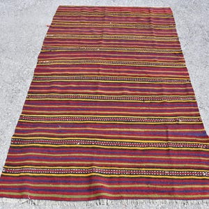 Vintage Turks tapijt, gestreepte kelim, 4 x 7 ft, veelkleurig handgeweven tapijt, traditioneel vloerkleed, kleurrijk huisdecor, boho-stijl