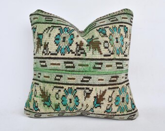 パッチワーク キリム クッションカバー　青　緑 dubb Kilim トルコ風枕、インテリアデザイナー枕、20×20キリム枕、キリム