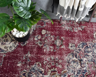 色あせたピンクパープルのヴィンテージトルコランナーラグ 4.6x8.4