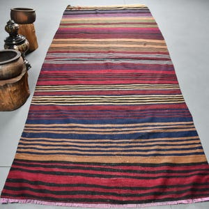 Vintage Turkish Kilim, Striped Kilim, 4x6ft Area Kilim, Handmade Wool Carpet, Floor Rug, Colorful Tribal Rug, Traditional Turkish Decor
