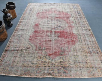ヴィンテージトルコ絨毯、大型（187 x 274 cm）、赤い花柄ウール絨毯