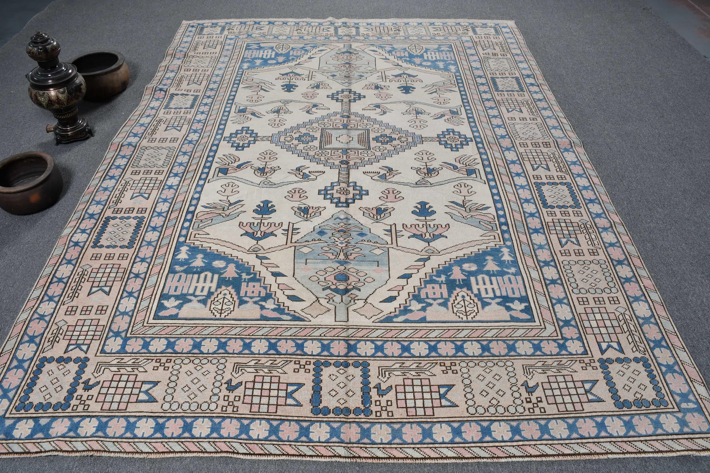 Vintage Handmade Turkish Area Rug, Geometric Floral Design, Soft Blue and Pink, Elegant 6x9ft Carpet