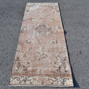 Vintage Rug, Turkish Runner, Oushak Carpet, 3x7ft, Beige Patterned Rug, Corridor Hallway Rug, Antique Wool Carpet, Rustic Home Decor