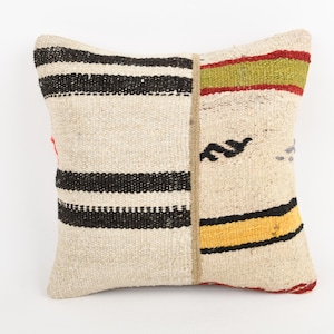 Boho Pillow Sham Cover, Vintage Kilim Throw Pillow, 16x16 Ethnical Kilim Rug Pillow, Pillow for Couch, Beige Cushion Case, Patchwork Pillow,