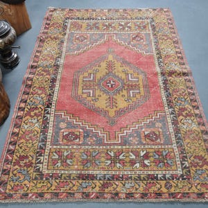 Turkish Area Rug, Vintage Turkish Carpet, Oushak Oriental Rug, 4x6ft Red Tribal Floral Rug, Handmade Anatolian Rug, Bohemian Rustic Decor