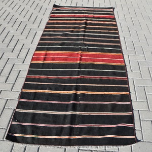 Area Kilim, Turkish Kilim, Vintage Kilim, Home Decor Kilim, 42x99 inches Black Kilim, Office Kilim, Bedroom Kilim,  9755