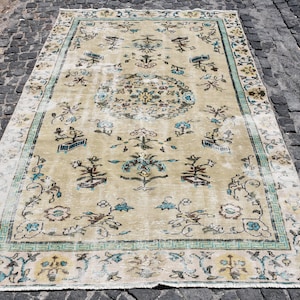 Vintage Turkish Area Rug 5x8ft, Elegant Beige and Blue Floral Patterns, Unique Handwoven Design, Perfect for Living Room Decor
