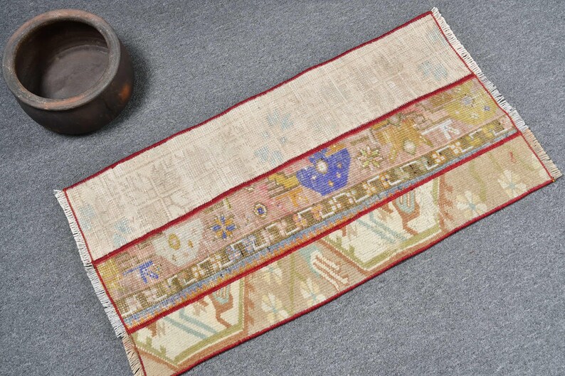 Turkish Vintage Rug 1.5x2.8 ft (45x86 cm), Brown Ikat Wool Rug image 2
