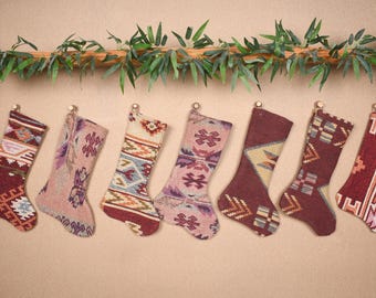 Christmas Kilim Stockings, Family Stockings, Family Christmas Stockings, 7x17 Inches Rustic Christmas Decor, Hanging Stockings, Gift Her,