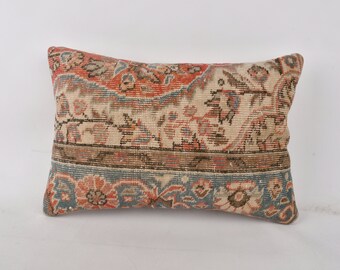 Vintage Pillow, Turkish Kilim Pillow, 16x24 Boho Pillow Sham Cover, Kilim Cushion Sham, Beige Cushion, Door Stopper Pillow, Floral Pillow,