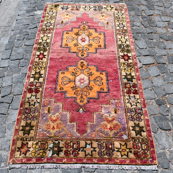Turkse rug, vintage rug, Oushak rug, wollen rug, tapijt, Etsy Rugs 3.4 x6.9 Runner Rug, Rode Rug, Bloemen rug, Oranje rug, Unieke Rug SN-3129