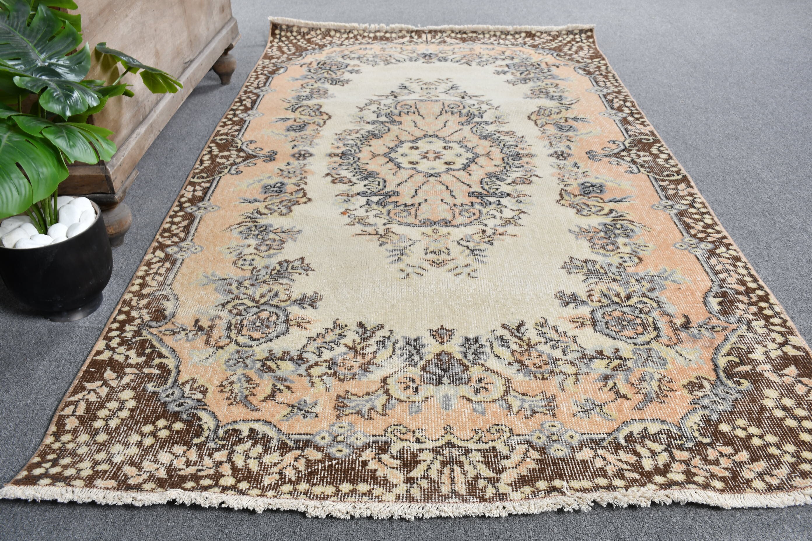 Tappeto, tappeto vintage, tappeto turco, tappeto Oushak, tappeti per soggiorno, tappeto beige 3,7x6,6 piedi, tappeto floreale, tappeti di lana, tappet