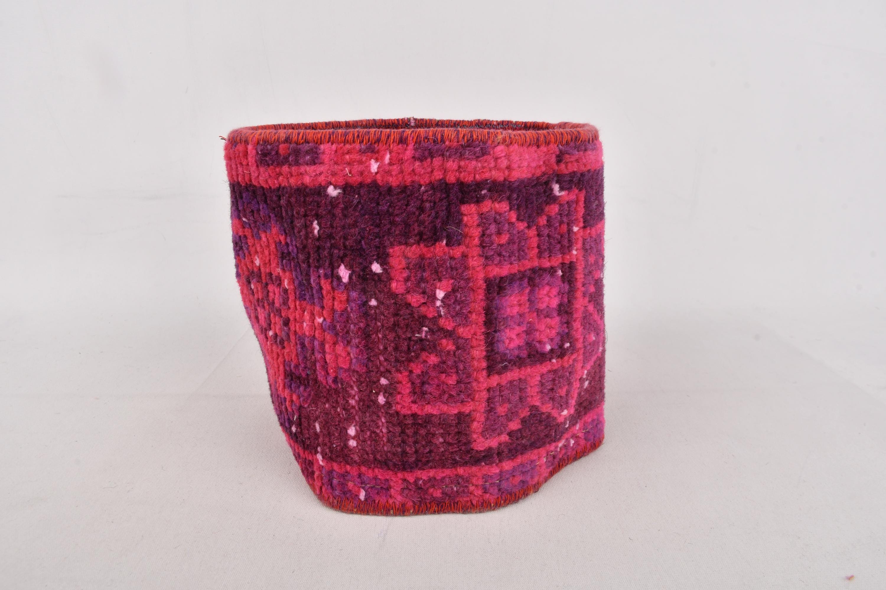 Magenta & Plum Wool Basket Planter – Upcycled Large Carpet Pot (7"x7.8") - Vintage Handmade Plant Pot from Old Rug – Turkish Rug Decor -