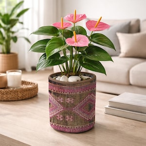 Planter met etnisch kelimpatroon, handgemaakte geweven plantenbak, hoes grote plantpot, plantenmand op vloer, opbergmand speelgoed, oosterse organisator