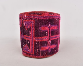 Bright Pink Handmade Carpet Planter – 7&quot;x7.8&quot; Upcycled Vintage Rug Pot – Bold Wool Boho Basket for Indoor Plants - Bold Indoor Planter -
