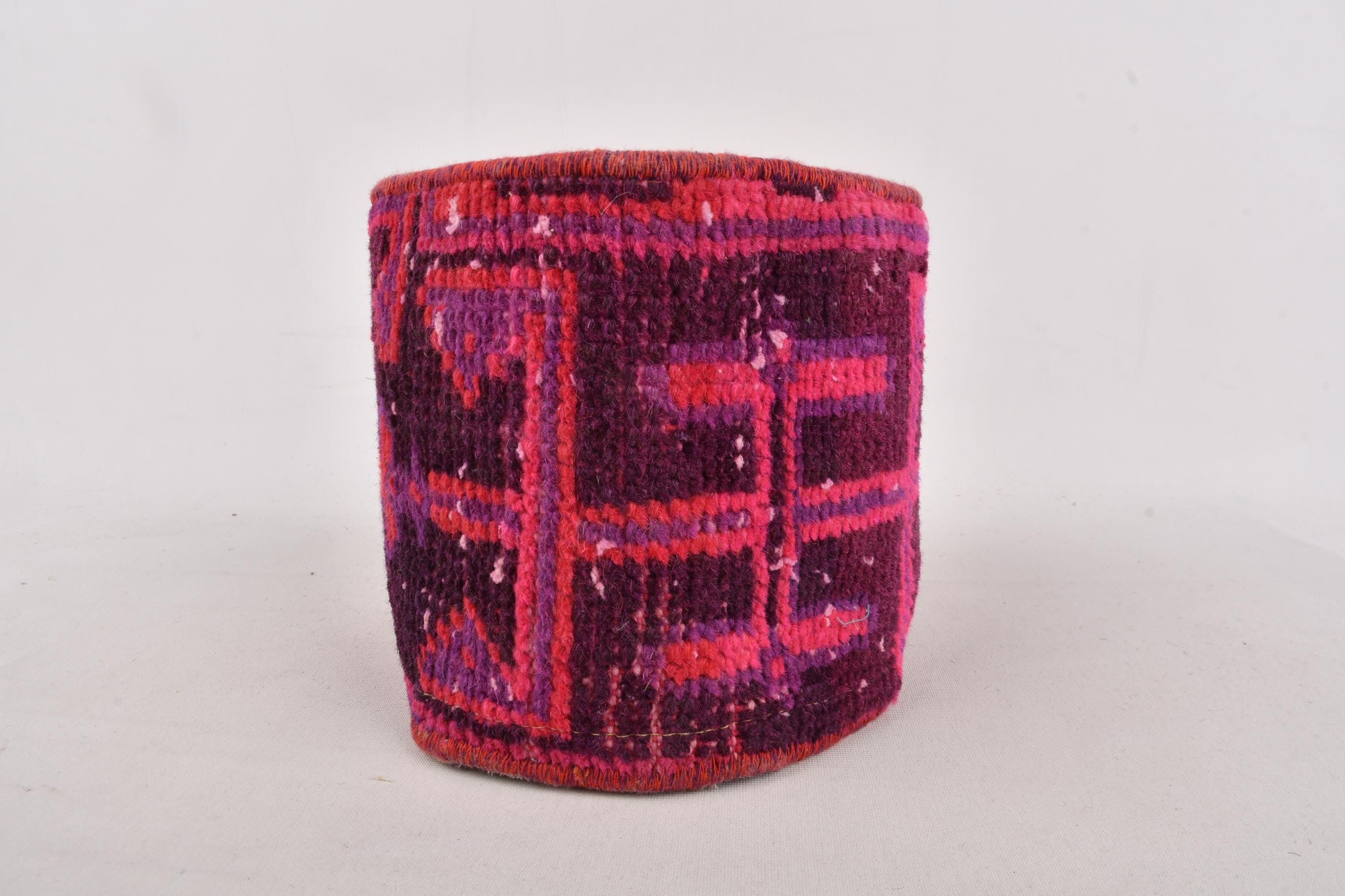 Bright Pink Handmade Carpet Planter – 7"x7.8" Upcycled Vintage Rug Pot – Bold Wool Boho Basket for Indoor Plants - Bold Indoor Planter -